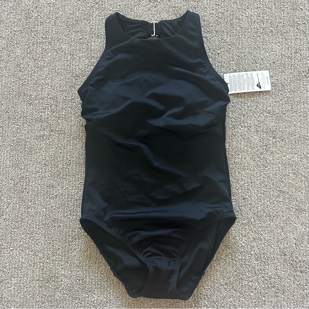 Lands’ End 2P Black High-Neck One-Piece Swimsuit • Tugless Fit • Petite